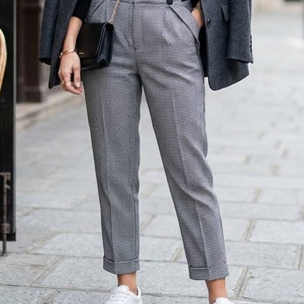 Zara Gingham Slim Straight Crop Leg Ankle Pant Fold Detail Pocket M Black White